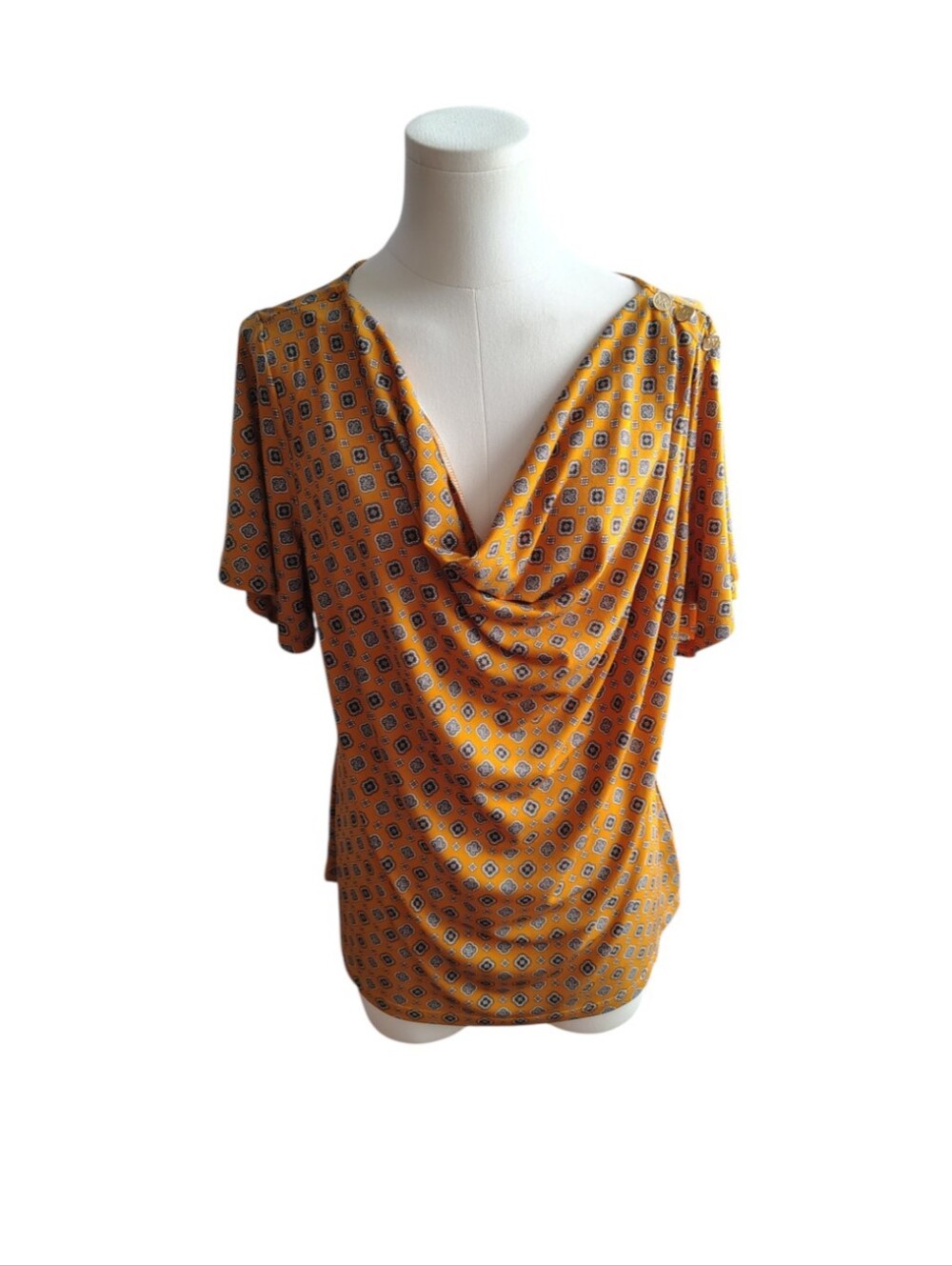 Michael Kors Yellow Black Contemporary Blouse With Gold Buttons Size Large
